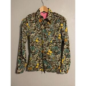 Vintage Tracy Feith Shirt Womens Petite Brown Floral Retro Button Front Boho Mod